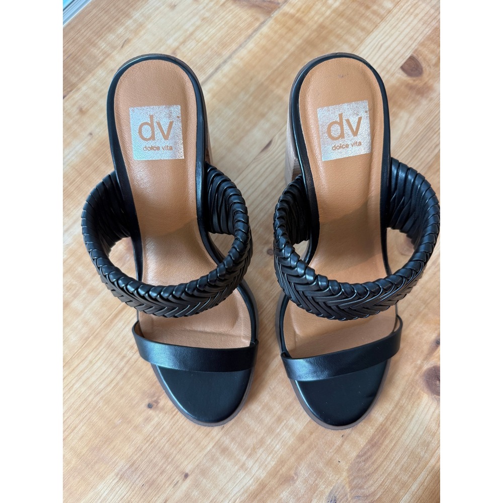 DV Dolce Vita Bambi Sandals Womens 8.5 Black Braided Two Strap Block Heel Mules - Picture 2 of 7